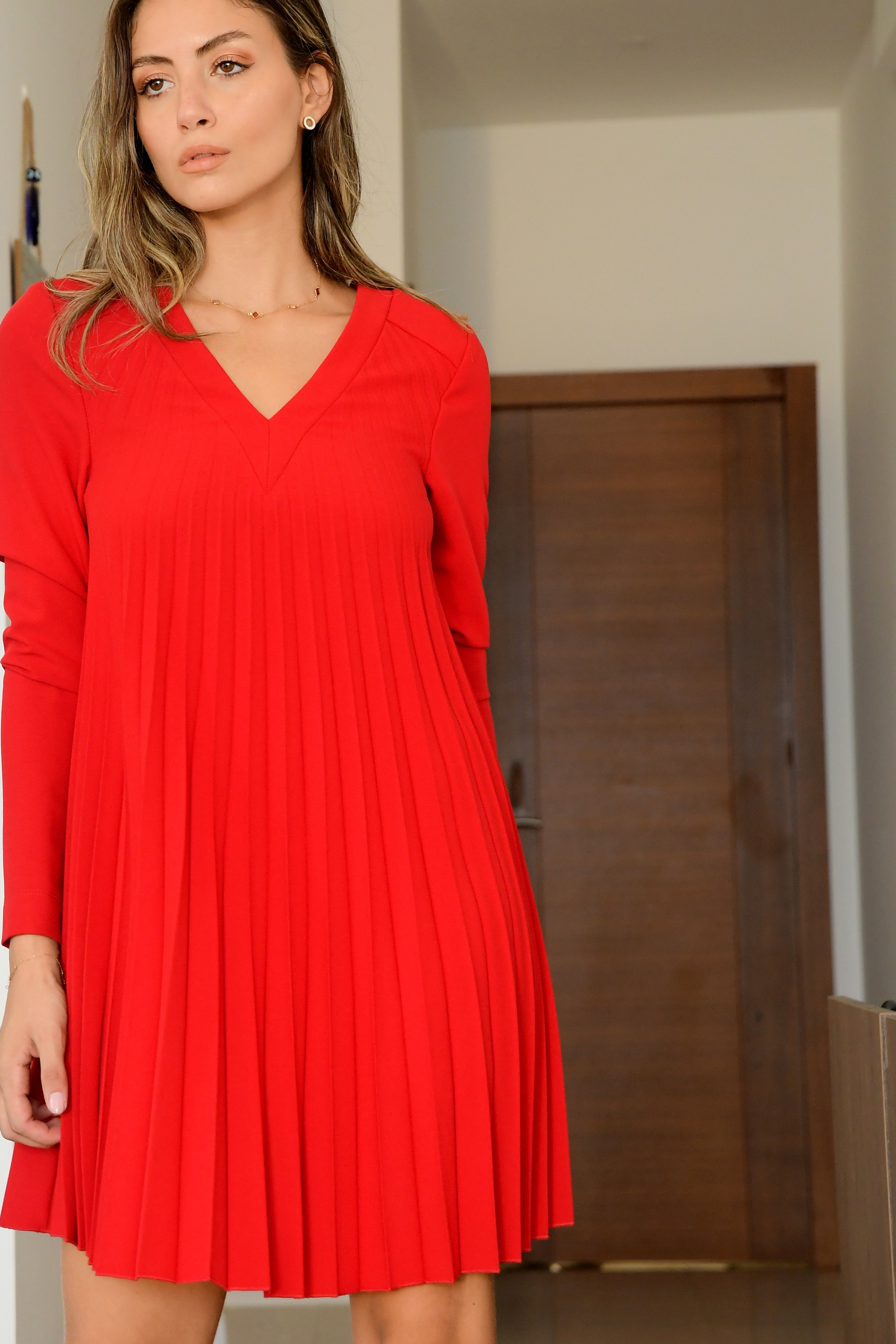 RED PLISSE DRESS