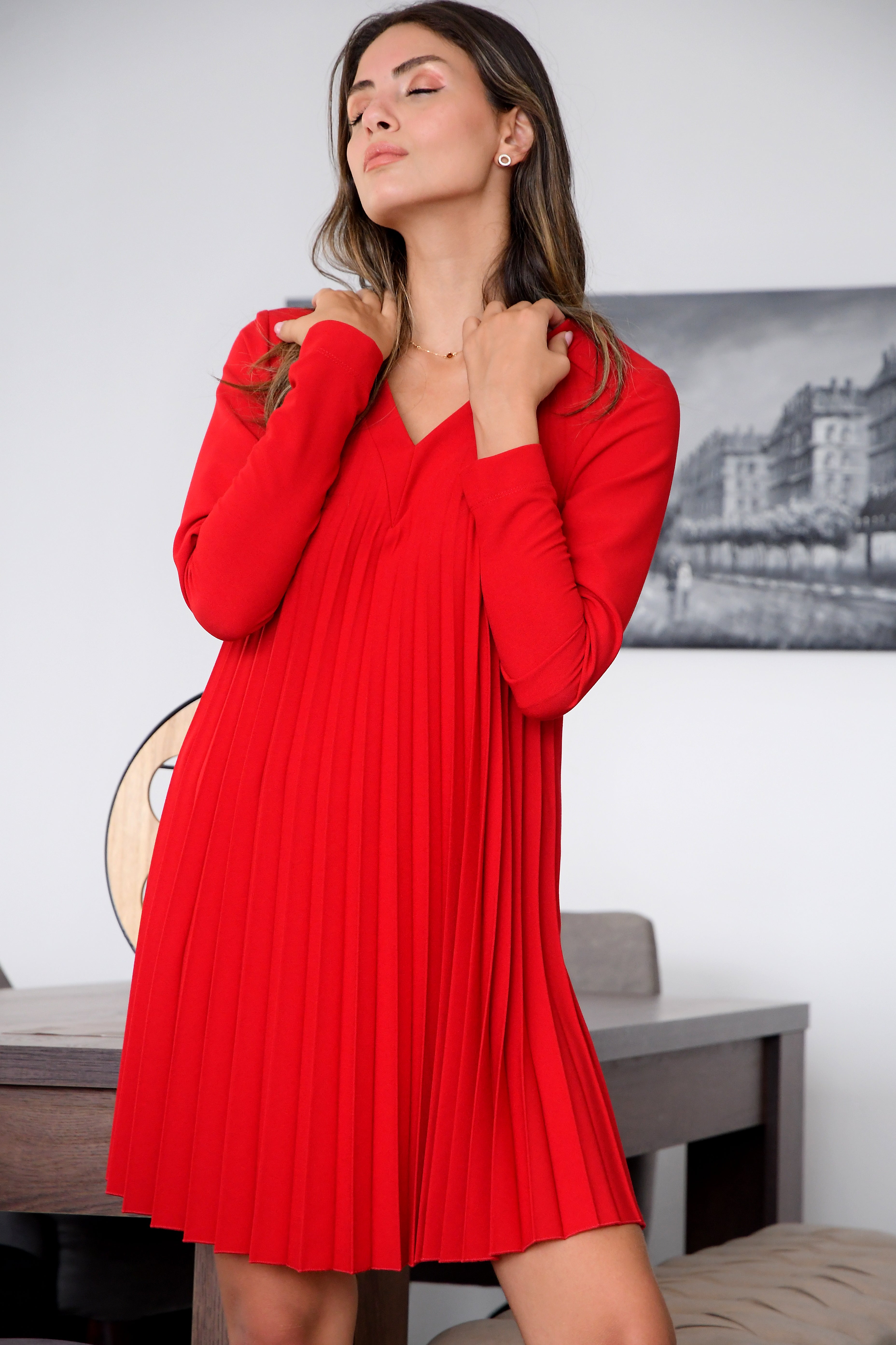 RED PLISSE DRESS