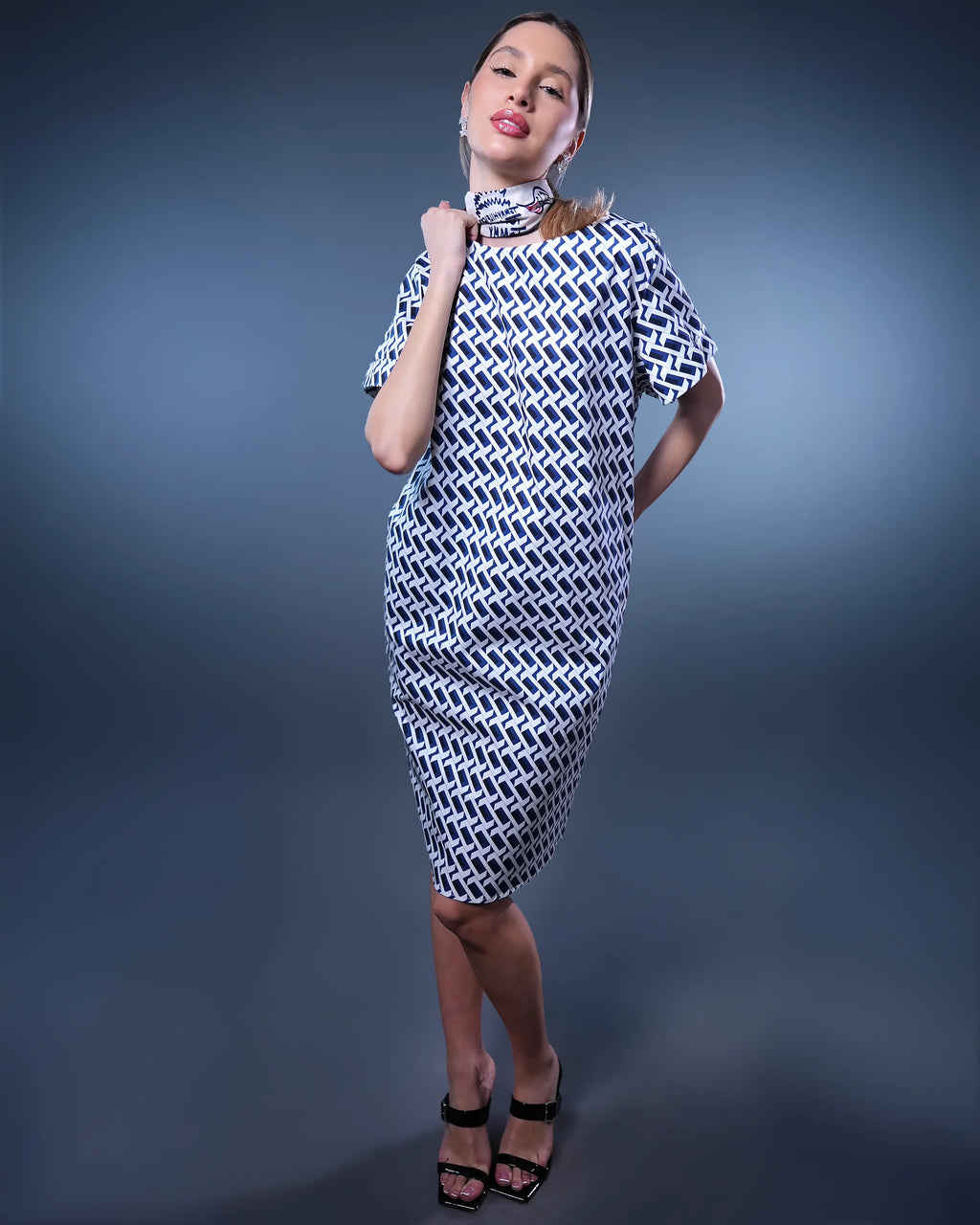 Sporty fitted dress with blue-and-white geometric print, short sleeves, high neckline