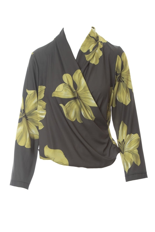 Black wrap-style shirt with yellow-green floral print and long sleeves