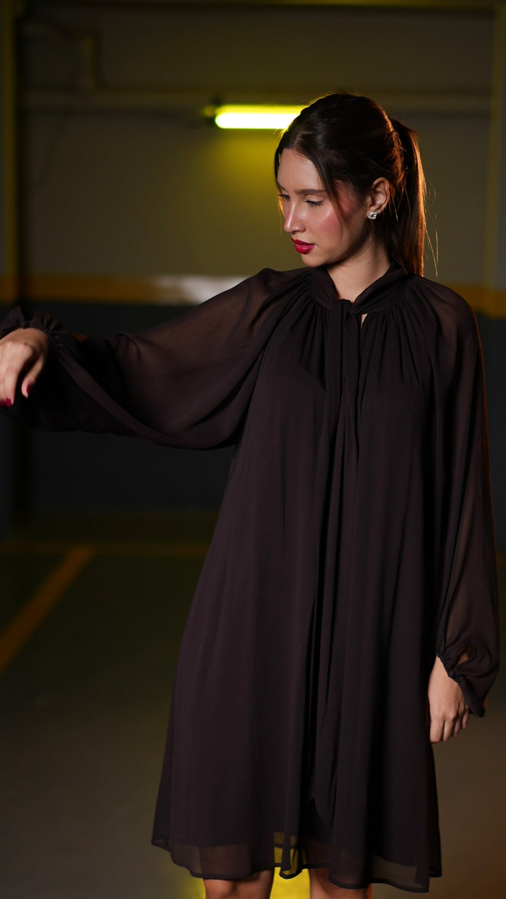 Close side view of dark chocolate-brown dress with gathered neckline and transparent sleeves