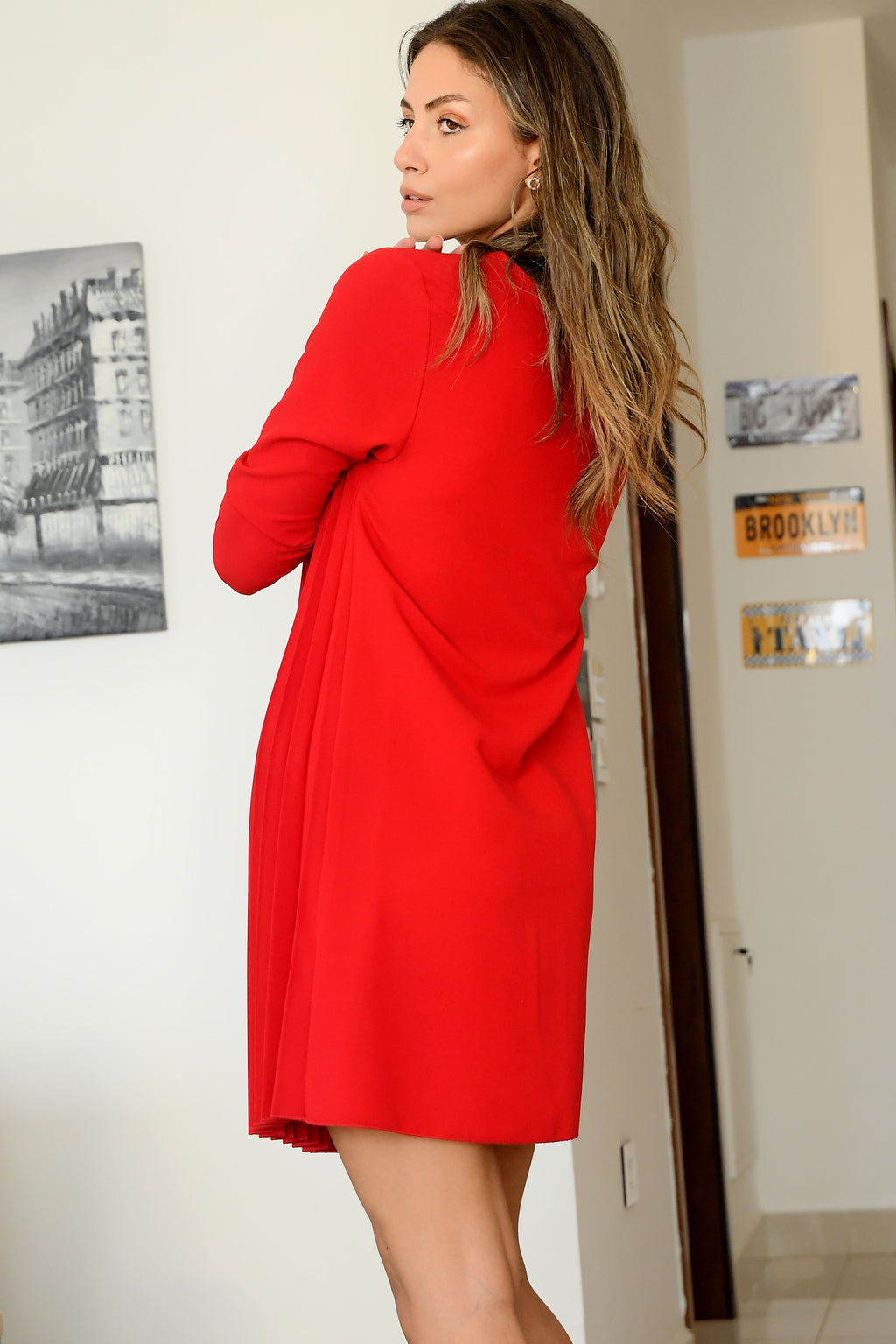 RED PLISSE DRESS