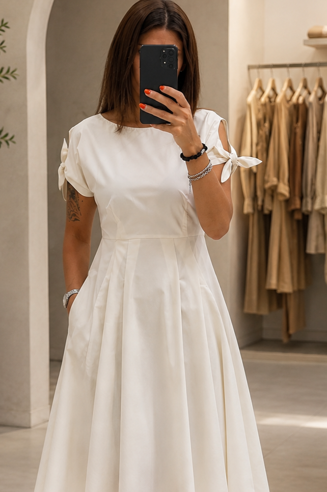 Off-White 100% cotton dress, short bow sleeves, cinched waist, flared pleated midi