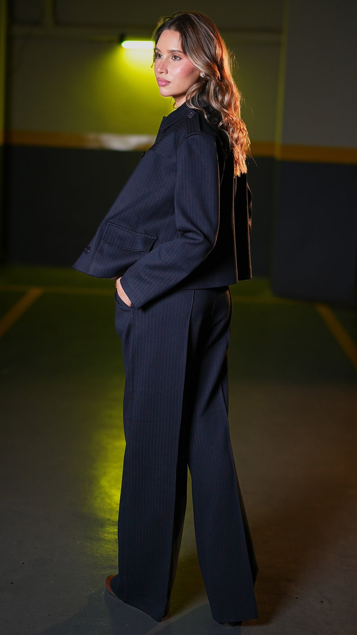 Dark Navy Tailored Set — back view standing, navy cropped jacket and wide-leg trousers silhouette

