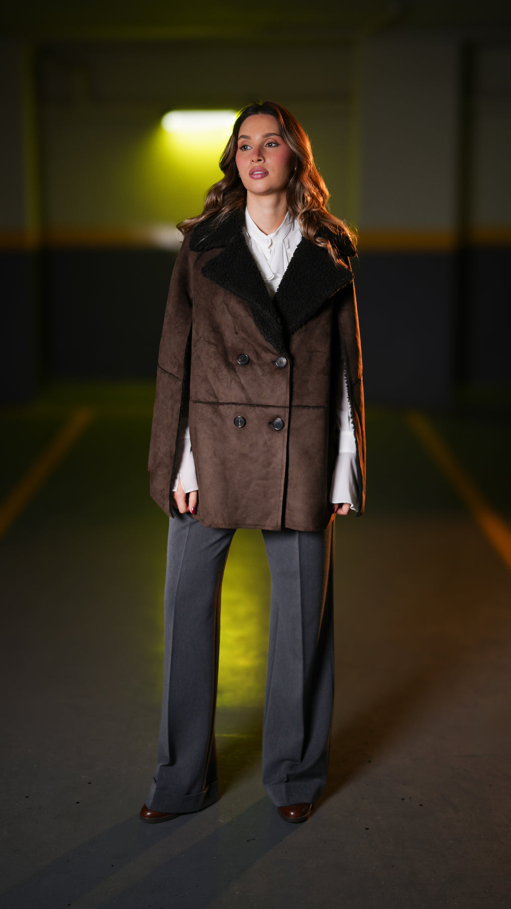 Suede cape, dark brown, open front with shearling-style collar and side drape