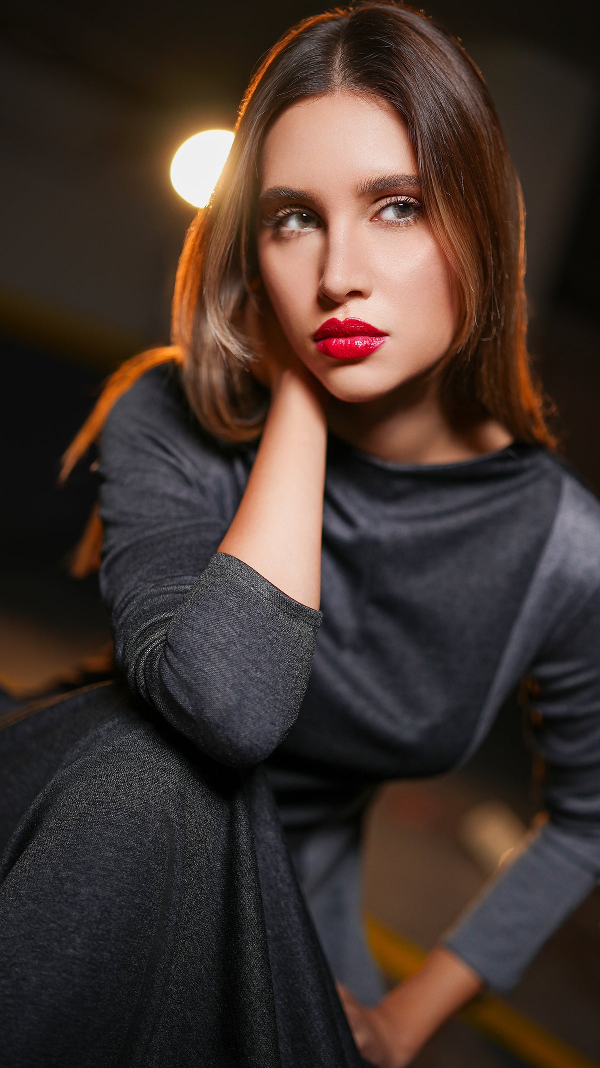 “Close-up of the Duo Grey Dress showing Punto Milano texture and contrasting grey shoulder panel.”