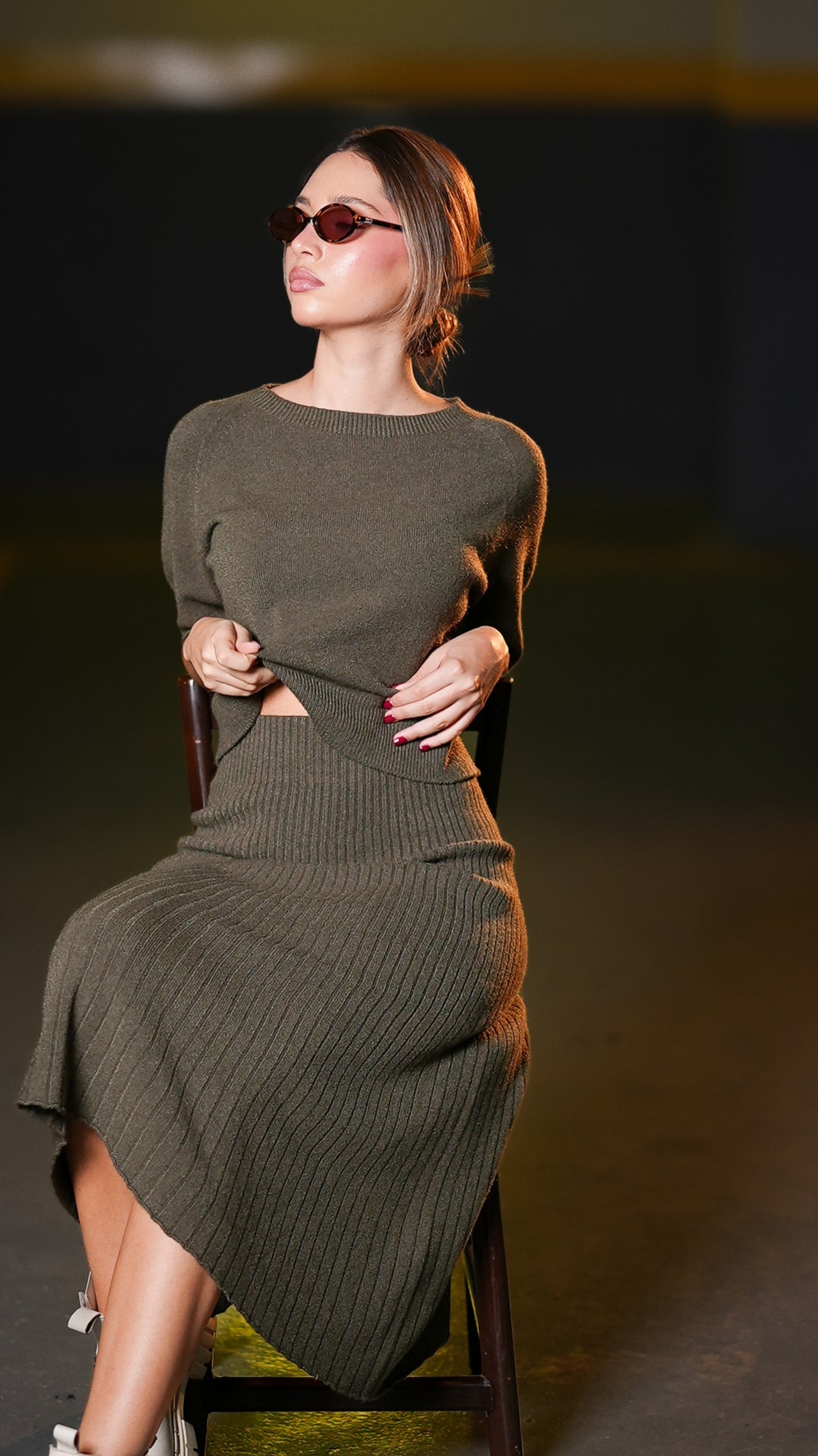Front view of dark olive knit top and ribbed midi skirt set