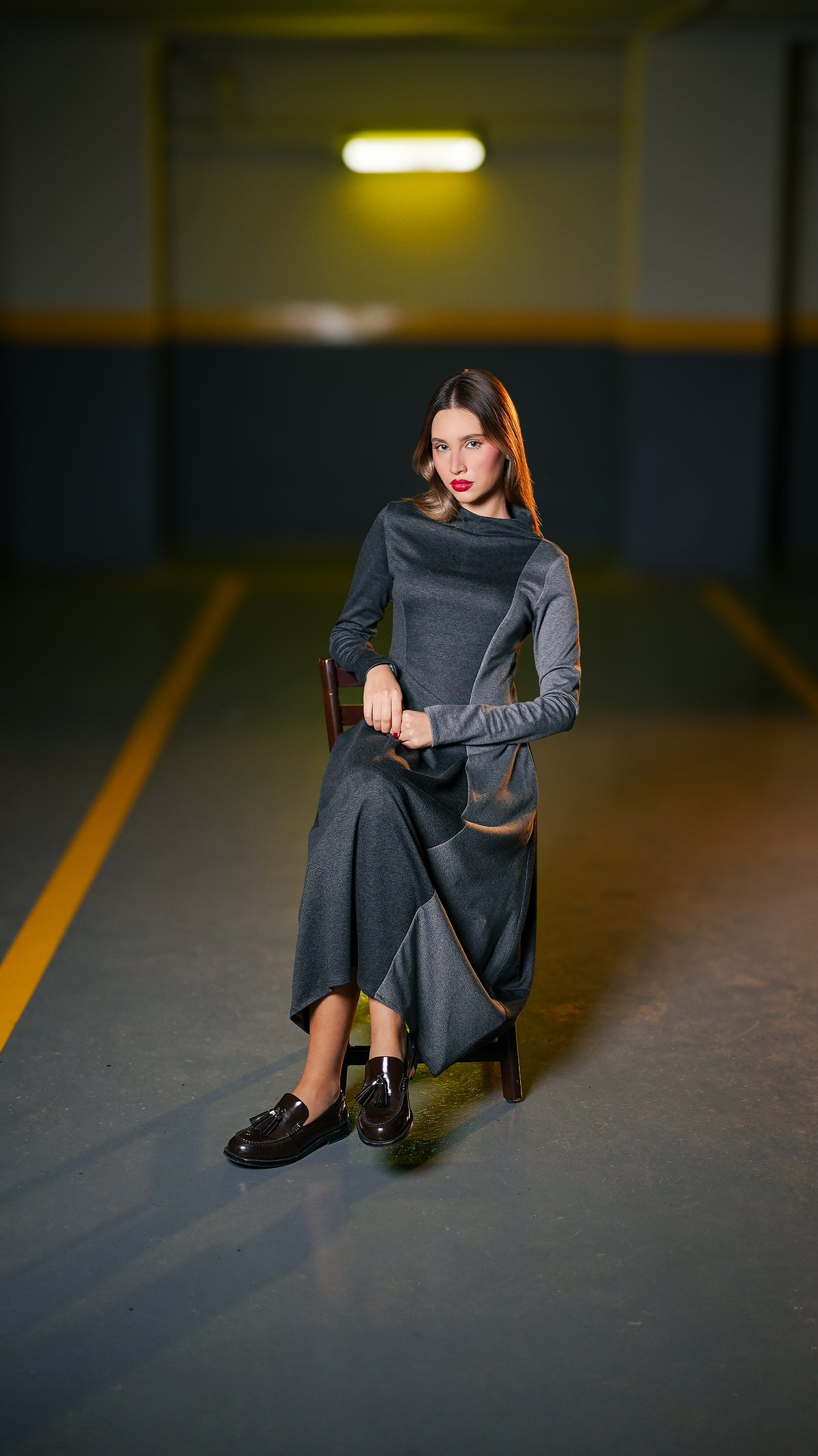 Front seated view of the Duo Grey Dress 